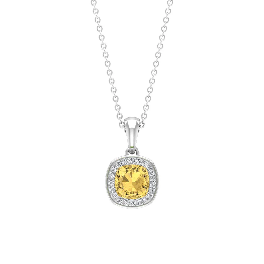 1 CT Cushion Cut Citrine Halo Pendant with Diamond