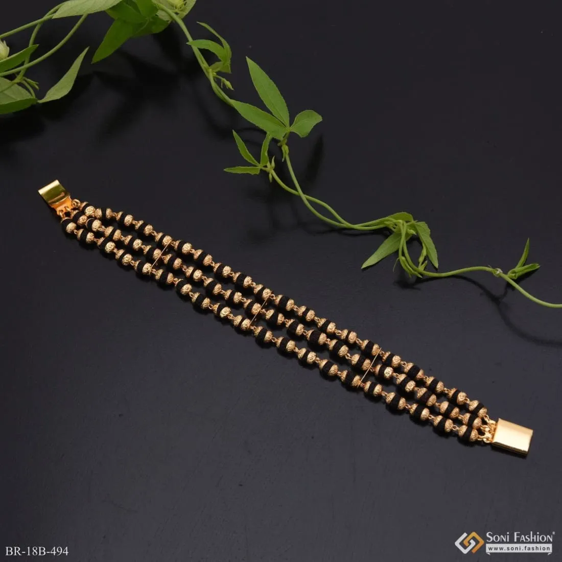 1 Gram - 3 Line Rudraksh Gorgeous Design Gold Plated Bracelet for Men - Style B494