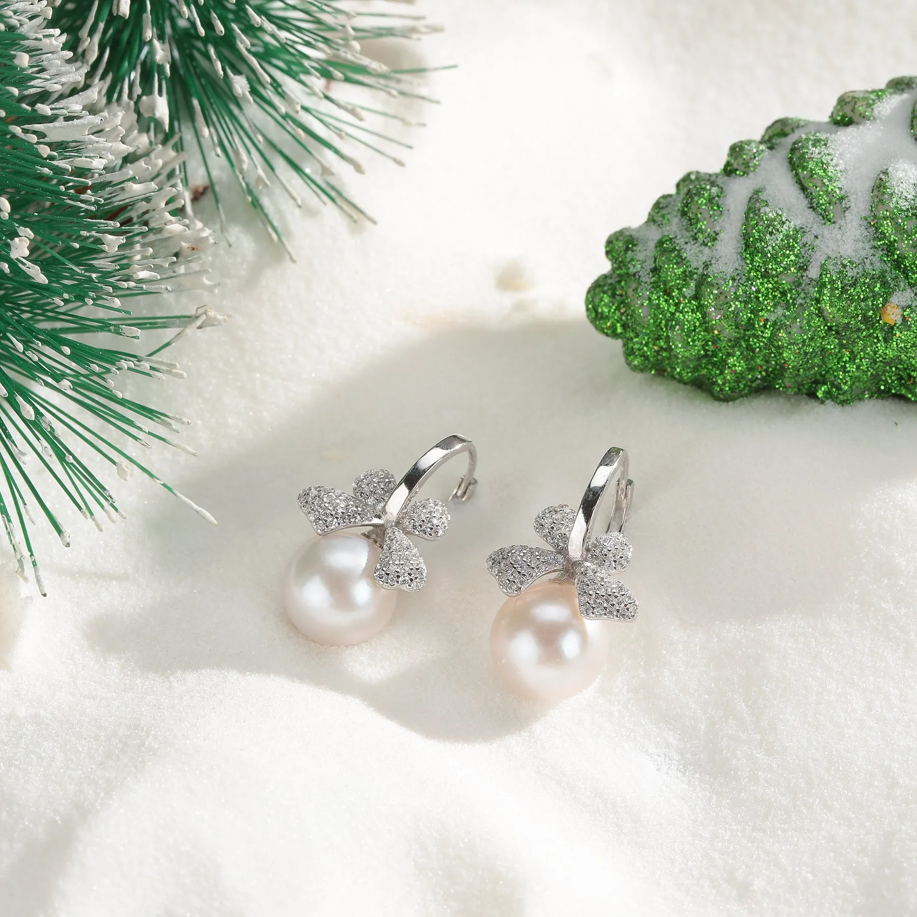 10-11mm Cubic Zirconia Bow Pearl Earrings