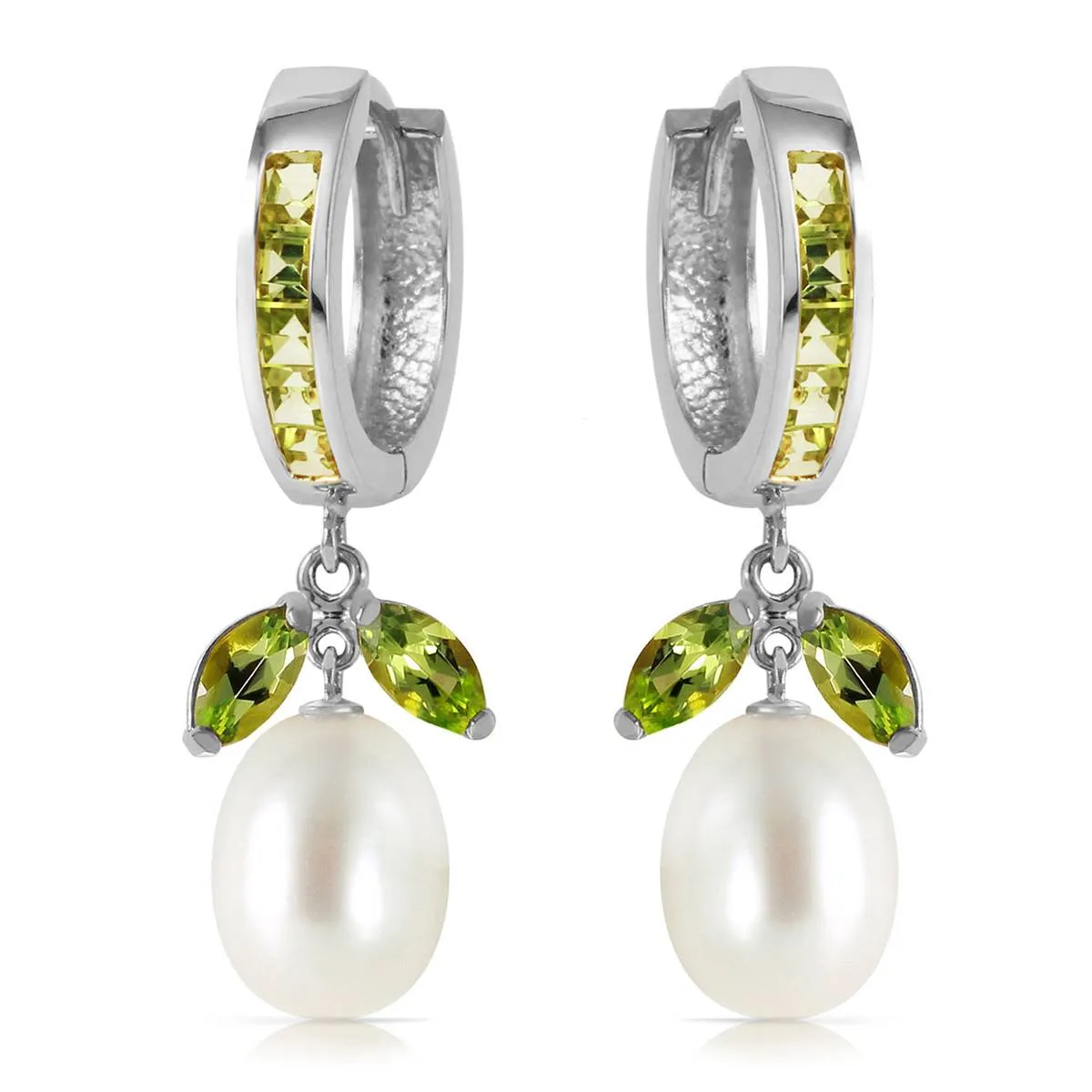 10.3 Carat 14K Solid White Gold Same Direction Peridot Pearl Earrings