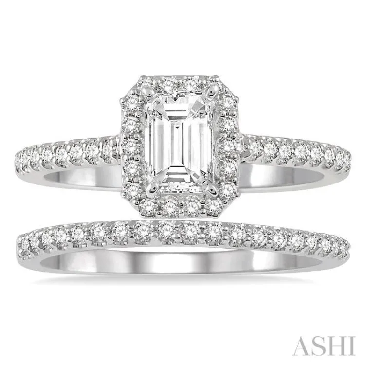 1/2 Ctw Diamond Wedding Set With 3/8 Ctw Emerald Cut Center Engagement Ring and 1/10 Ctw Wedding Band in 14K White Gold