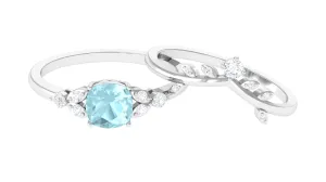 1.25 CT Sky Blue Topaz and Diamond Ring Set with Leaf Motif