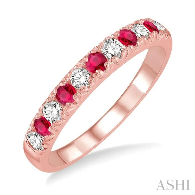 1/4 ctw Round Cut Diamond and 2.3MM Ruby Precious Wedding Band in 14K rose Gold