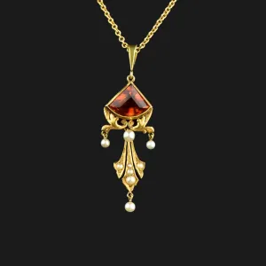 14K Gold Art Nouveau Madeira Citrine Pearl Lavaliere Necklace