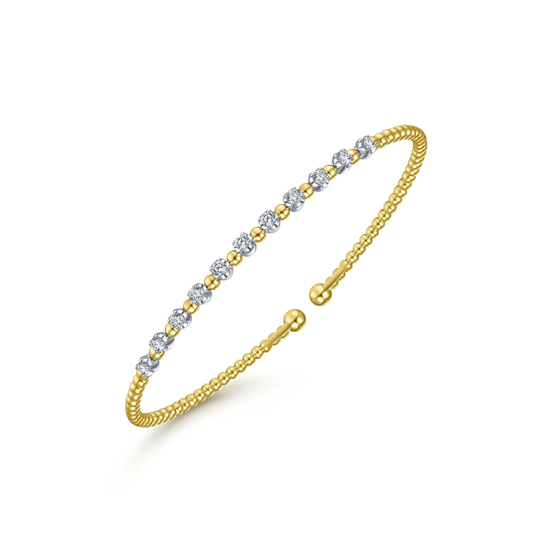 14K White & Yellow Gold Diamond Beaded Open Cuff Bangle