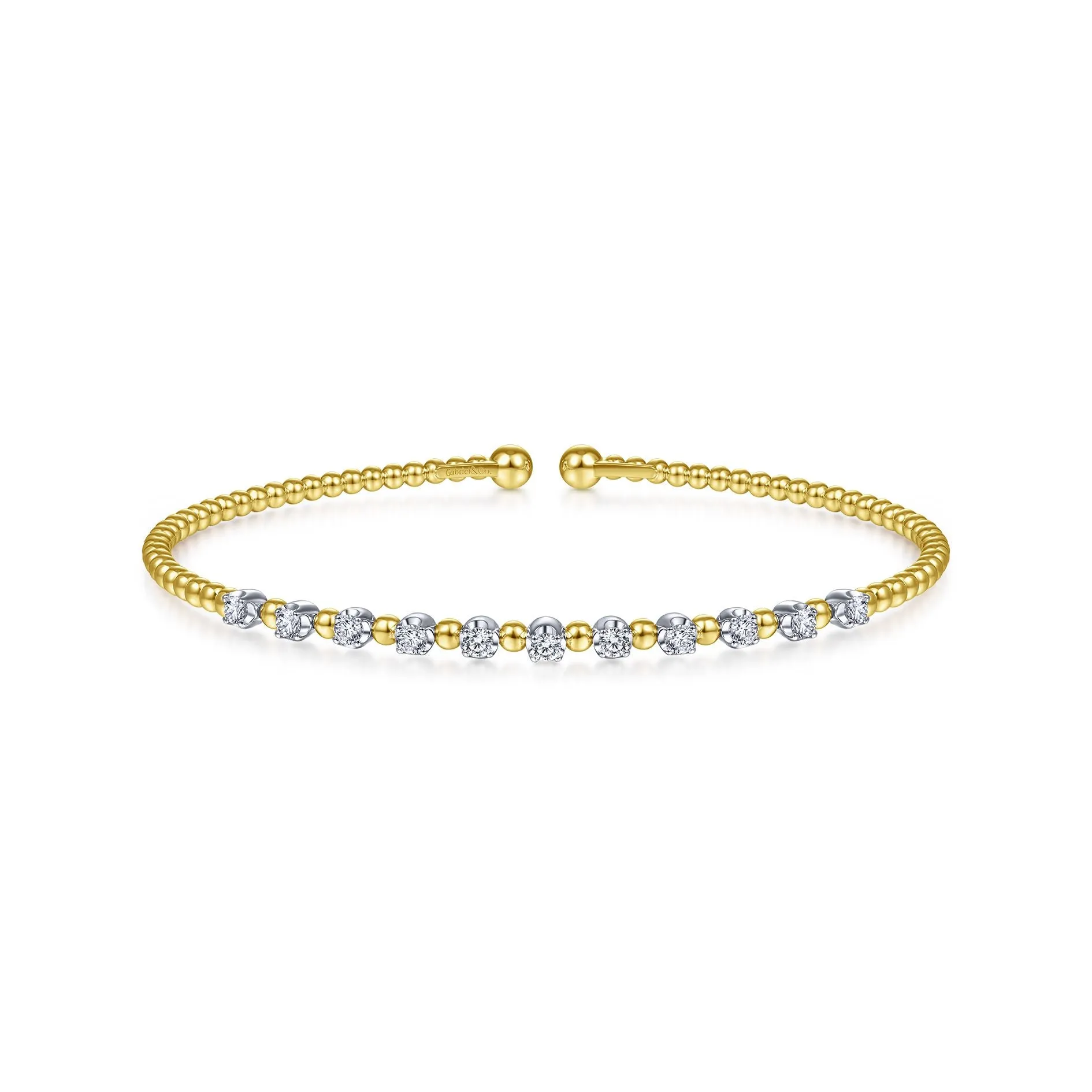 14K White & Yellow Gold Diamond Beaded Open Cuff Bangle