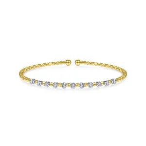 14K White & Yellow Gold Diamond Beaded Open Cuff Bangle