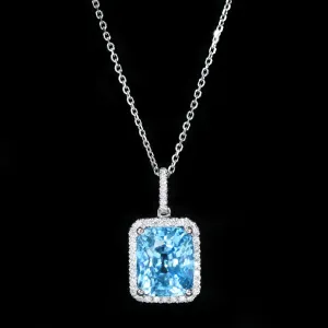 14K White Gold 5.86 Carat Blue Zircon and Diamond Pendant