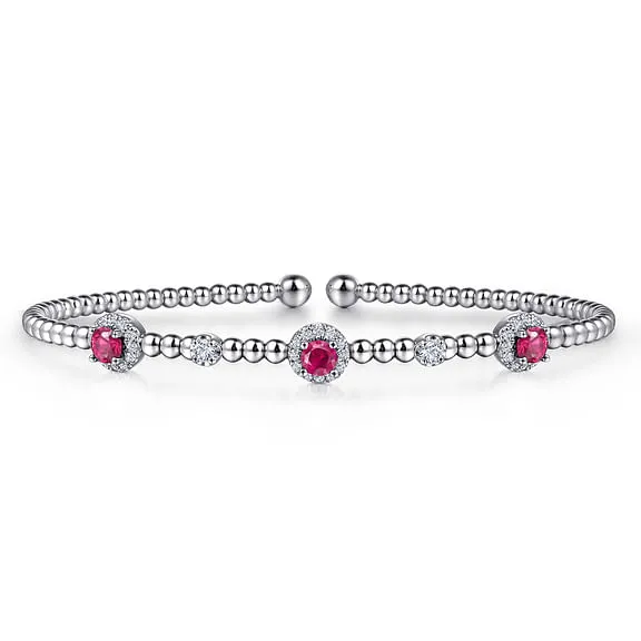 14K White Gold Bujukan Bead Cuff Bracelet with Rubies and Diamond Halo Stations