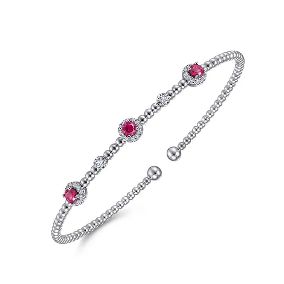 14K White Gold Bujukan Bead Cuff Bracelet with Rubies and Diamond Halo Stations