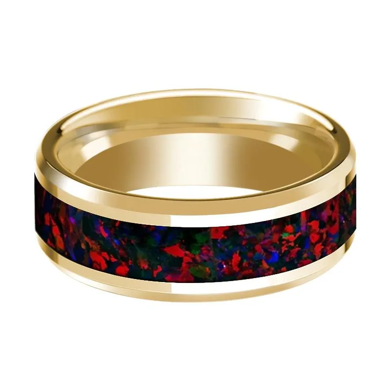 14K Yellow Gold Polished Beveled Wedding Ring Black and Red Opal Inlay