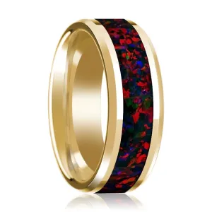 14K Yellow Gold Polished Beveled Wedding Ring Black and Red Opal Inlay