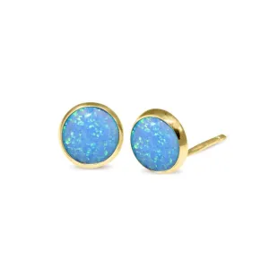 14K Yellow Gold Round Blue Opal 6mm Stud Earrings