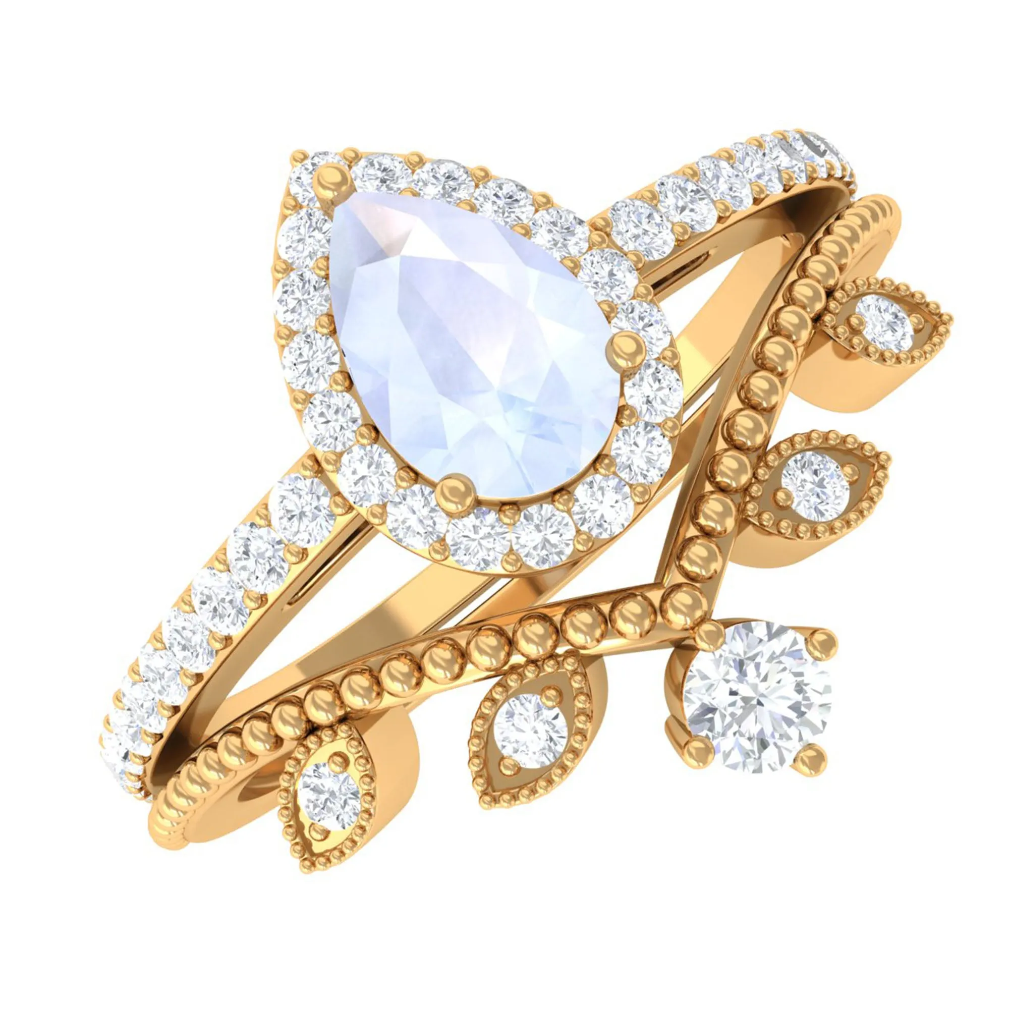 1.5 Vintage Inspired Moonstone Teardrop Wedding Ring Set with Diamond