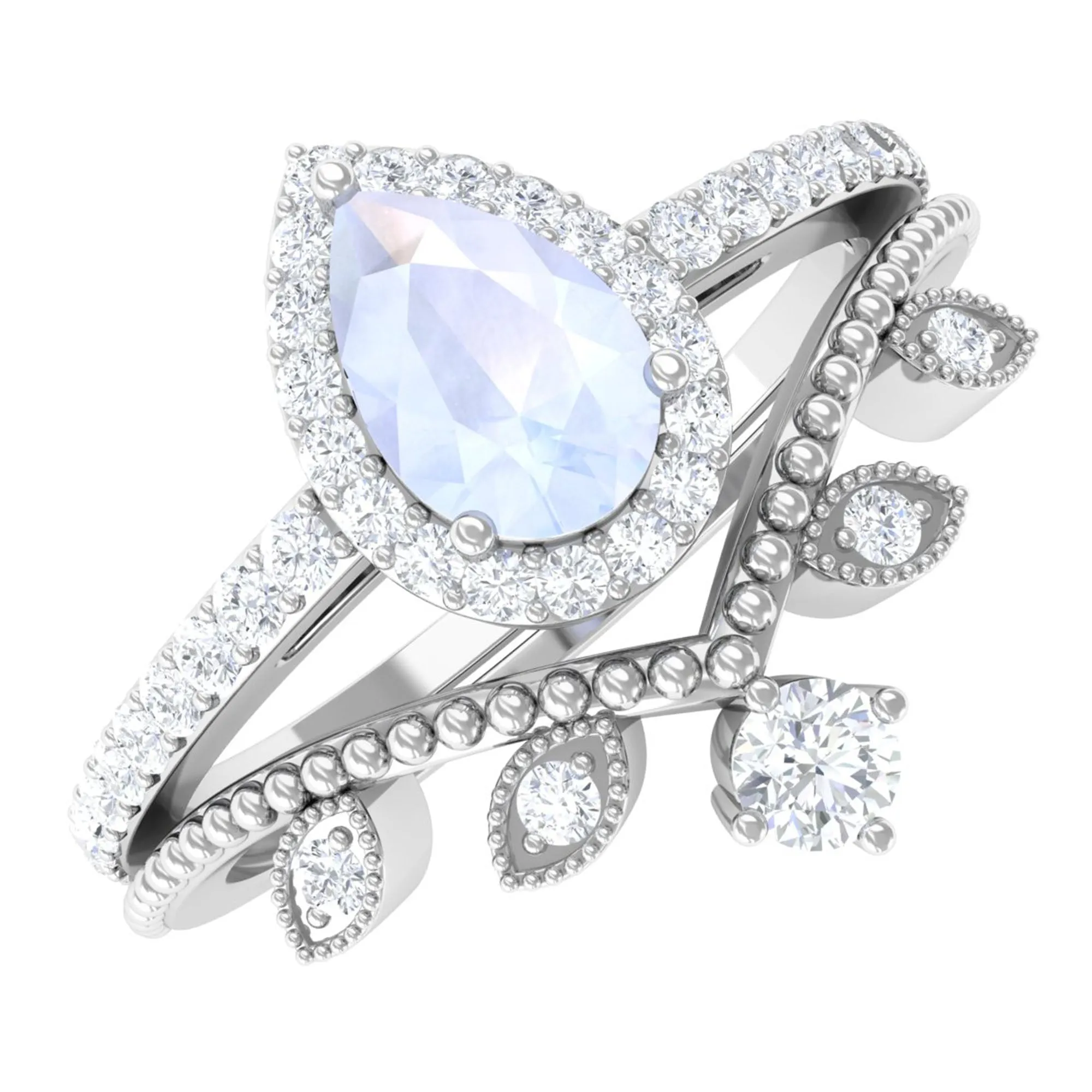 1.5 Vintage Inspired Moonstone Teardrop Wedding Ring Set with Diamond