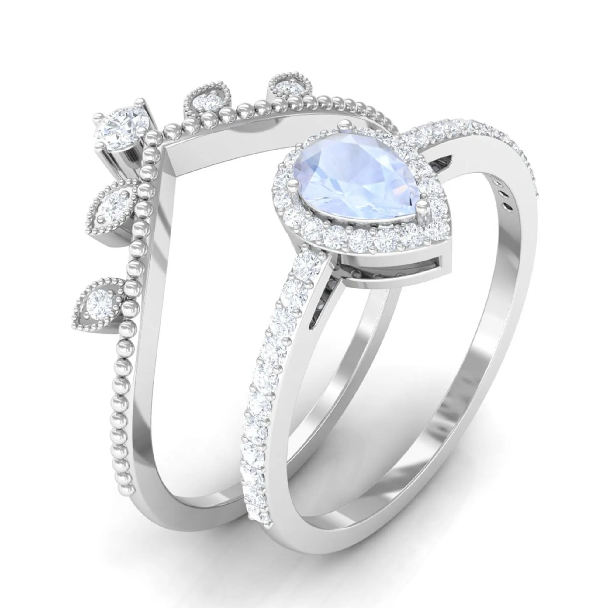 1.5 Vintage Inspired Moonstone Teardrop Wedding Ring Set with Diamond