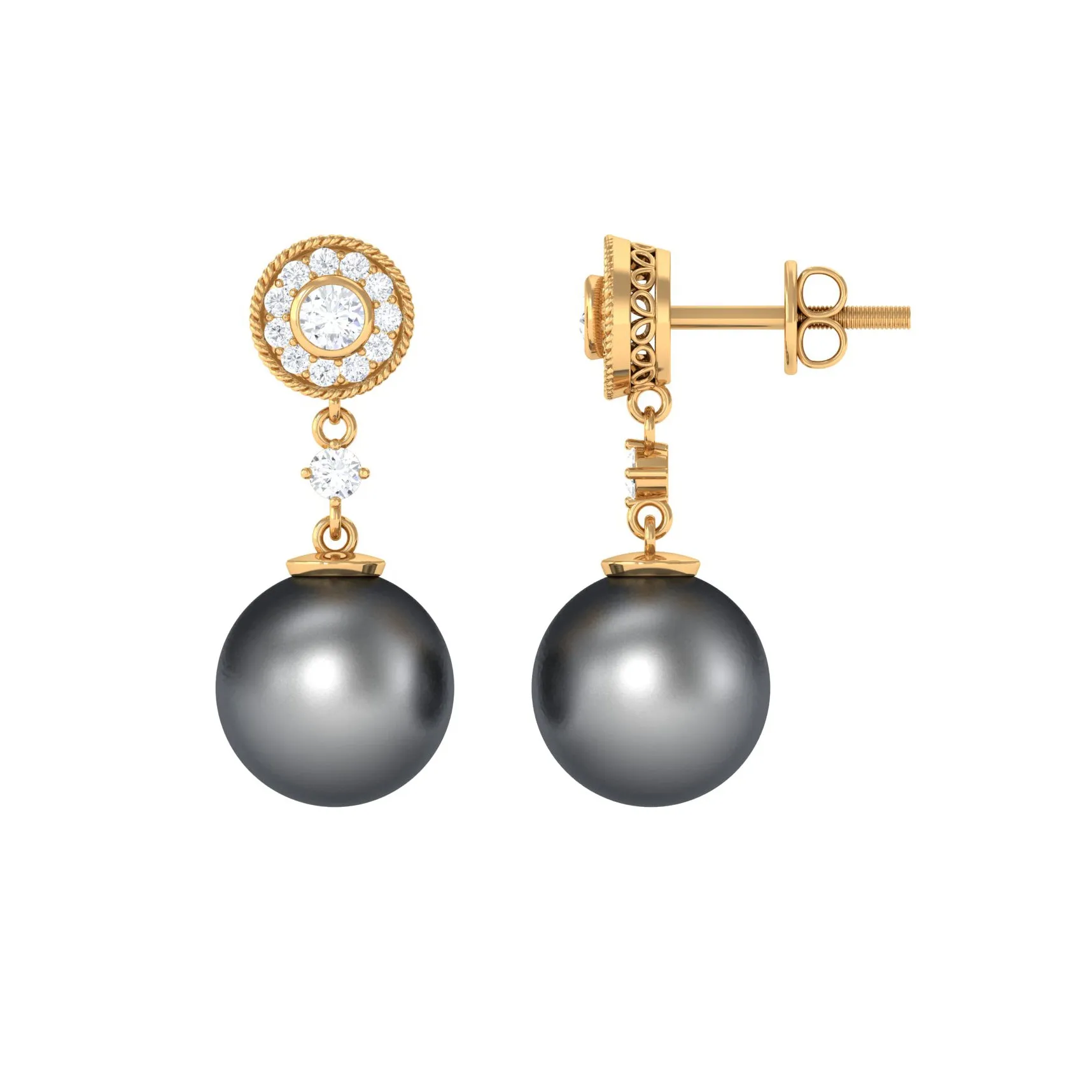 15.5 CT Tahitian Pearl Dangle Earrings with Diamond Stones