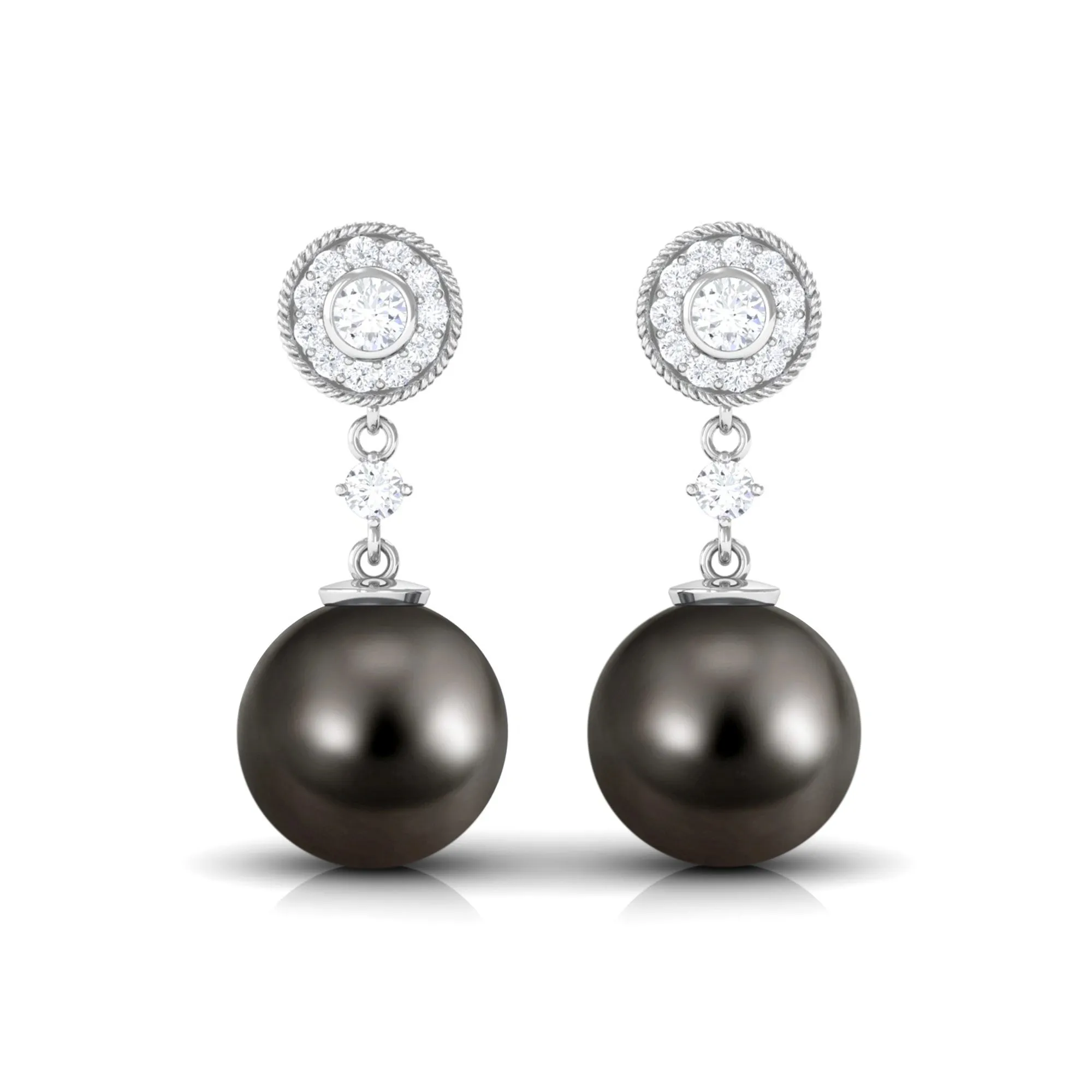 15.5 CT Tahitian Pearl Dangle Earrings with Diamond Stones