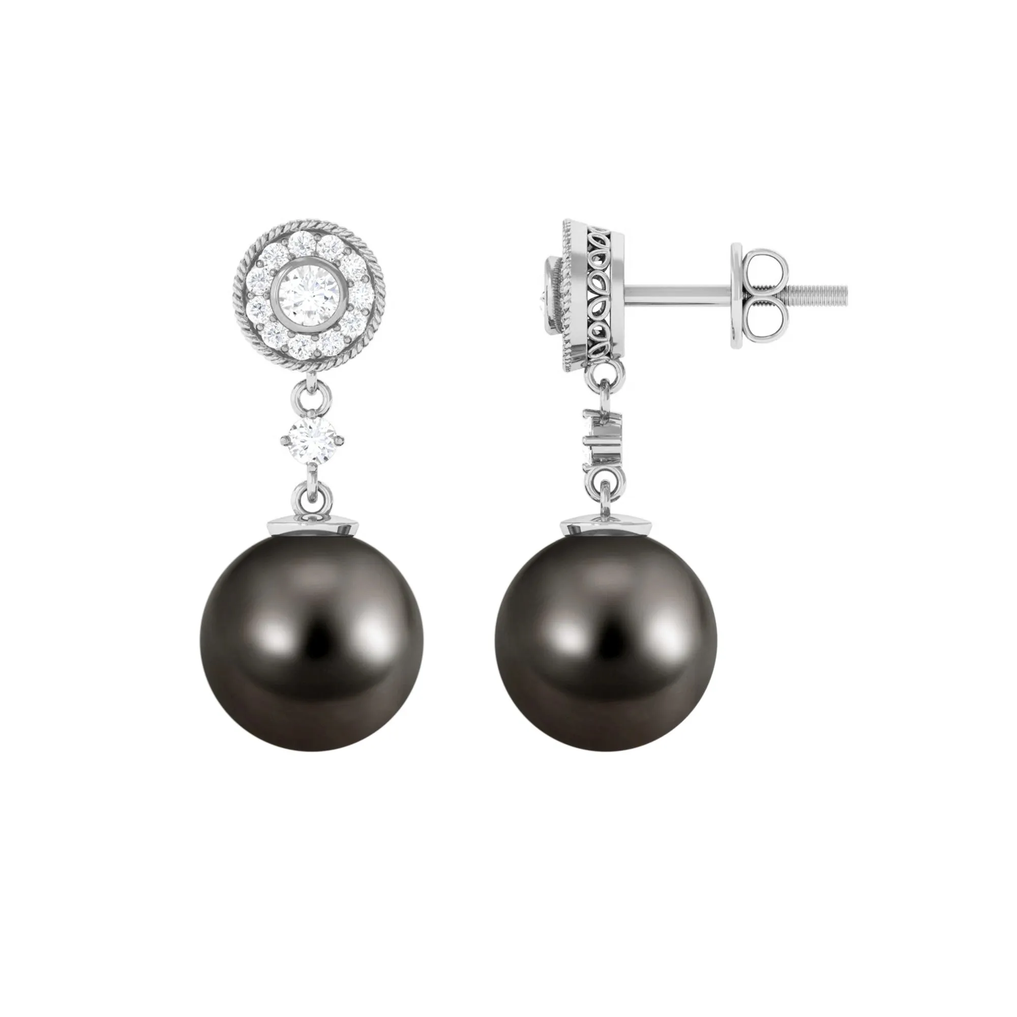 15.5 CT Tahitian Pearl Dangle Earrings with Diamond Stones