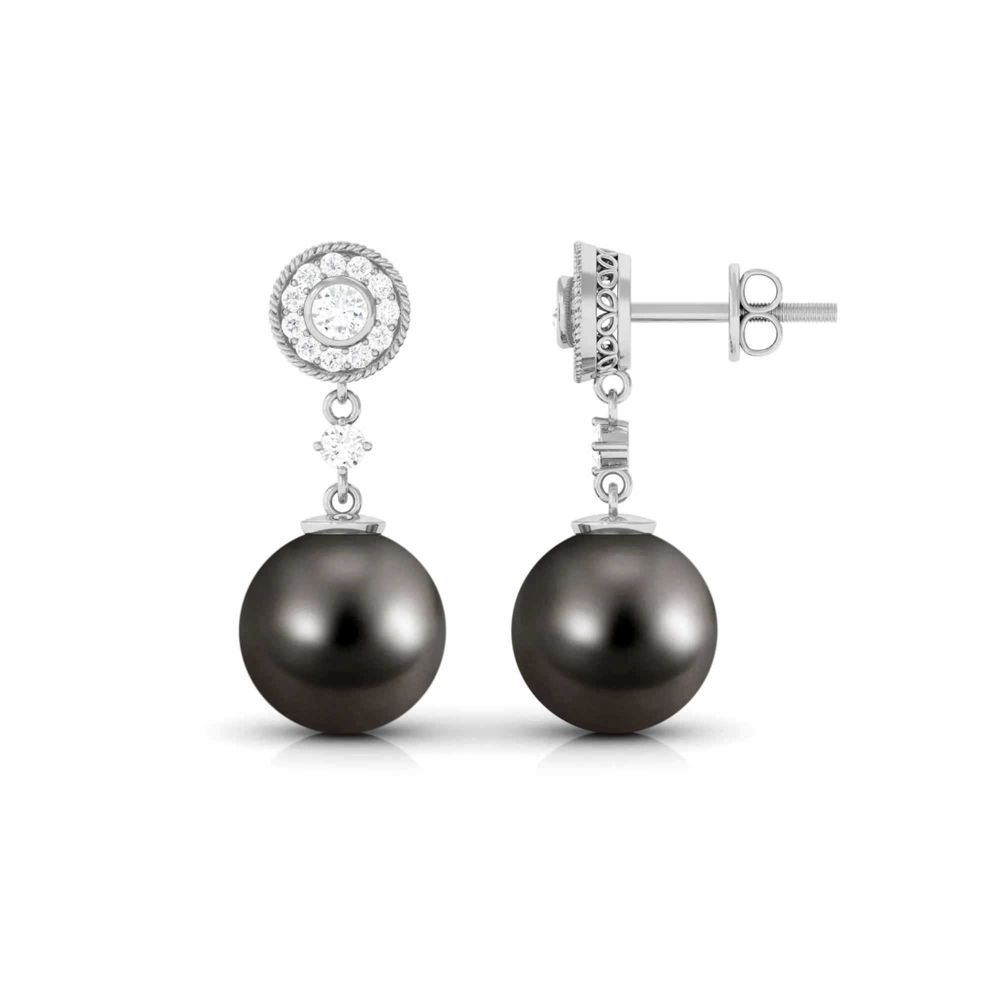 15.5 CT Tahitian Pearl Dangle Earrings with Diamond Stones