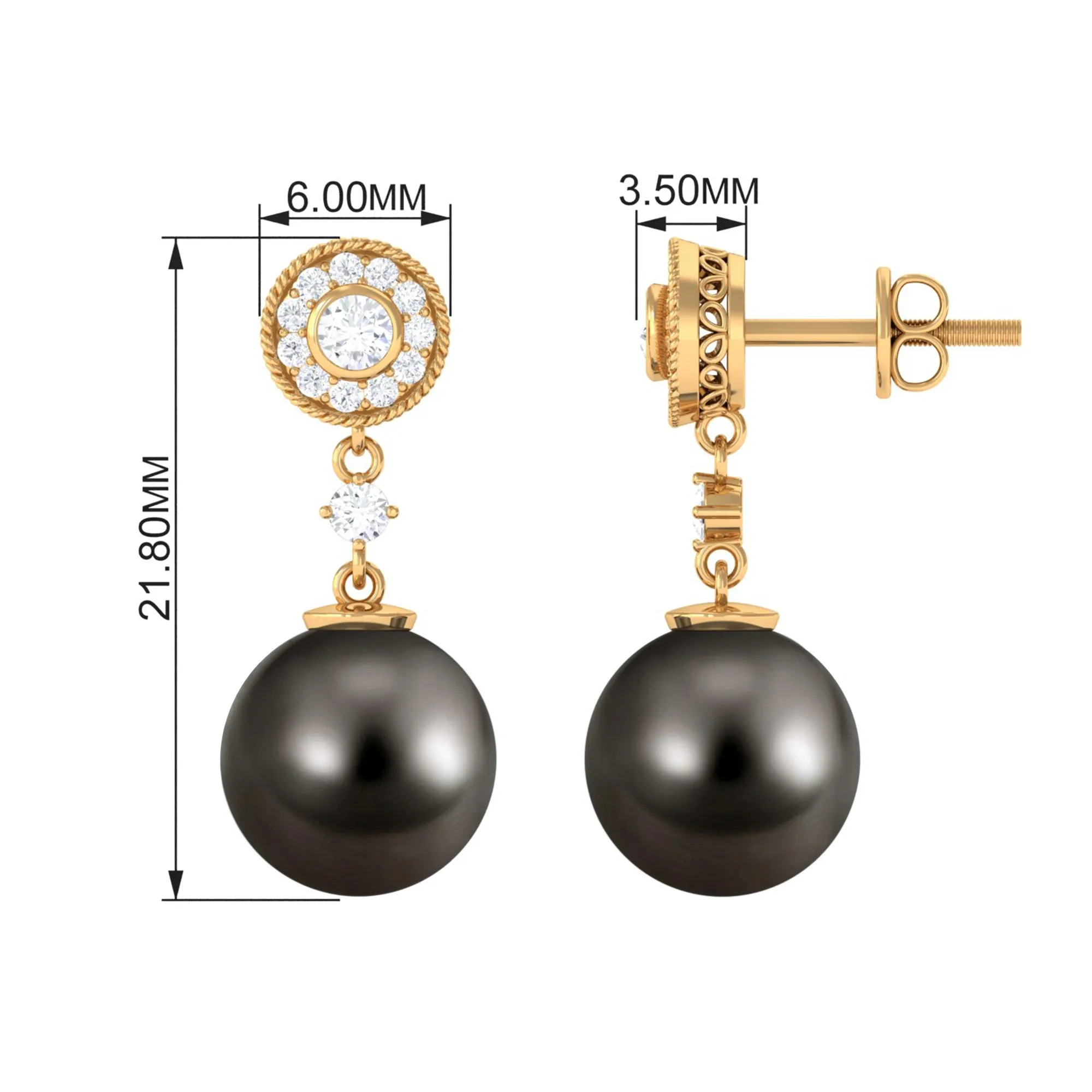 15.5 CT Tahitian Pearl Dangle Earrings with Diamond Stones