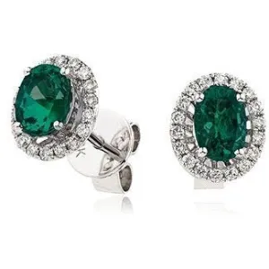 18ct WHITE GOLD Emerald and Diamond 1.00ct Oval Halo Earrings Women's 10mm GIFT Box