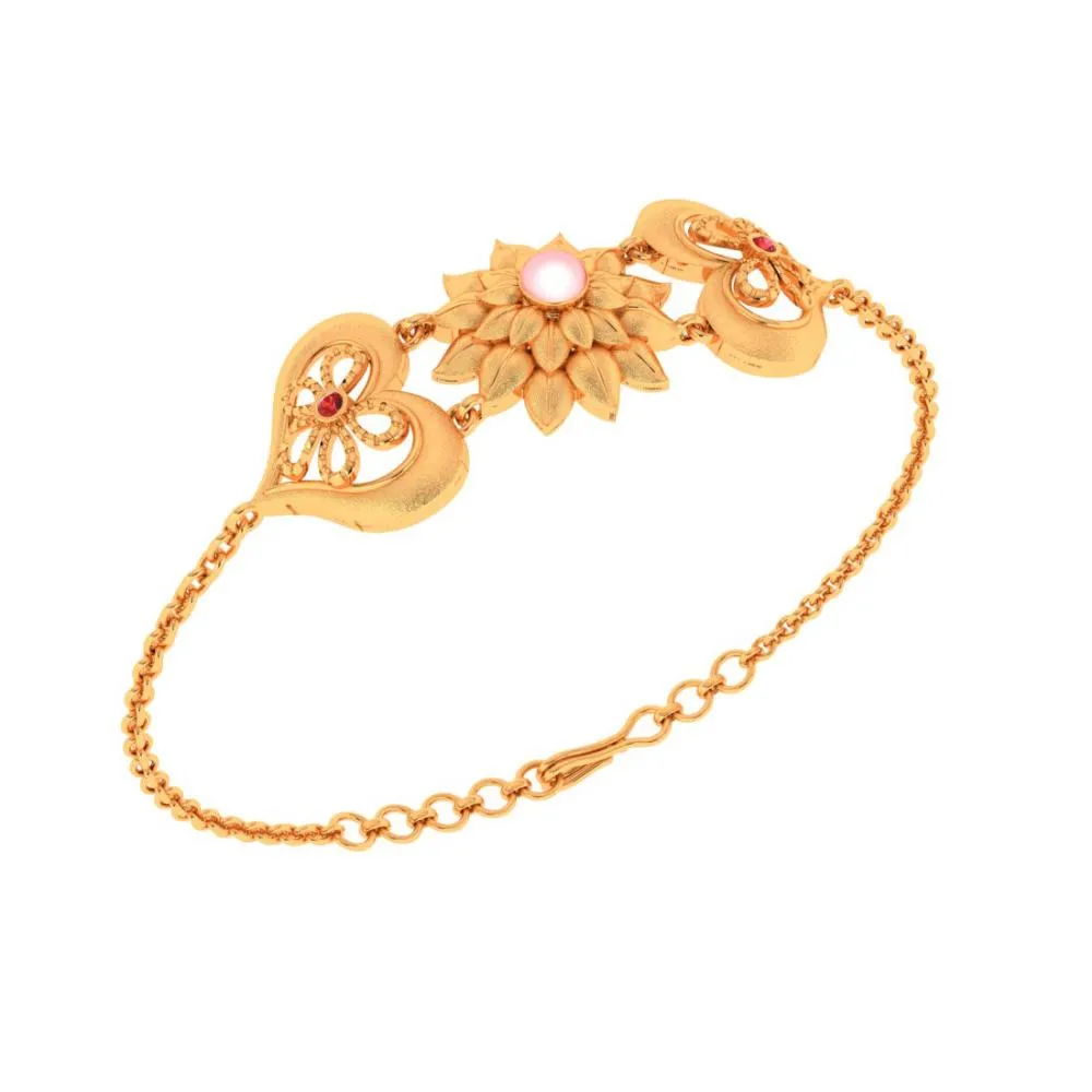 18k 6 Gold Flowers Red Gems With Pink Pearl Bracelet