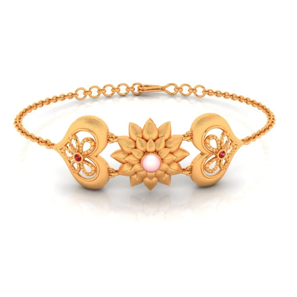 18k 6 Gold Flowers Red Gems With Pink Pearl Bracelet