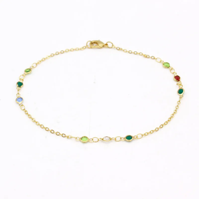 18K GOLD Filled High Polish Finsh Dainty Multi Color CRYSTAL ANKLE BRACELET JJA04