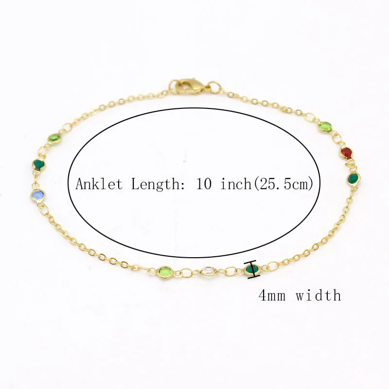 18K GOLD Filled High Polish Finsh Dainty Multi Color CRYSTAL ANKLE BRACELET JJA04