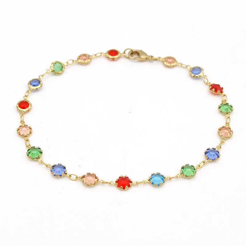 18K GOLD Filled High Polish Finsh LIGHT MULTI COLOR ROUND CRYSTAL ANKLE BRACELET