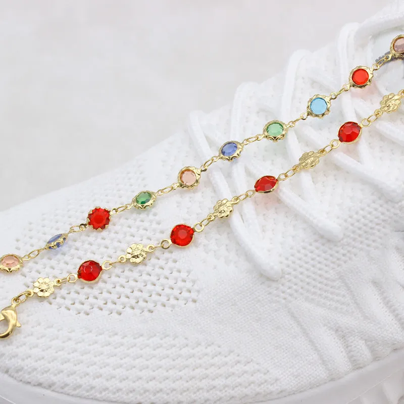 18K GOLD Filled High Polish Finsh LIGHT MULTI COLOR ROUND CRYSTAL ANKLE BRACELET