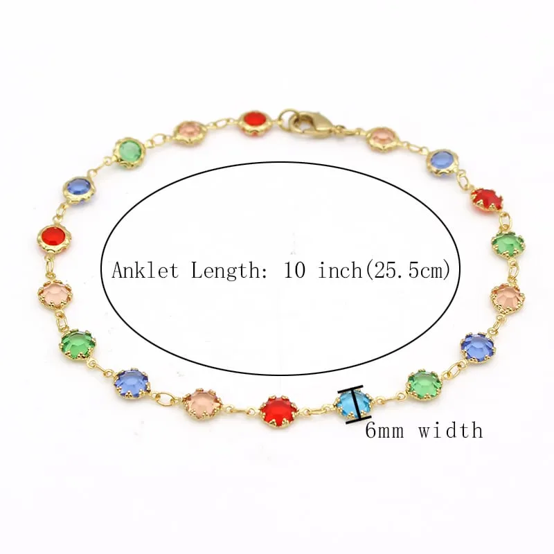 18K GOLD Filled High Polish Finsh LIGHT MULTI COLOR ROUND CRYSTAL ANKLE BRACELET