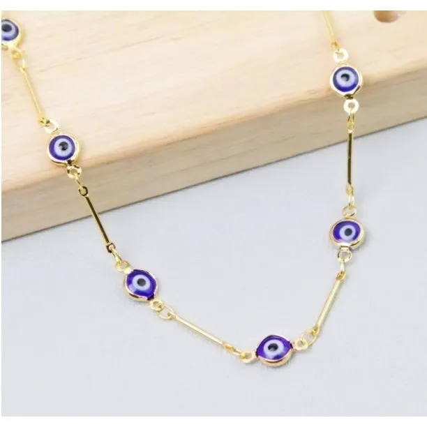 18K Gold Plated Bar Style Blue Evil Eye Crystal Anklet