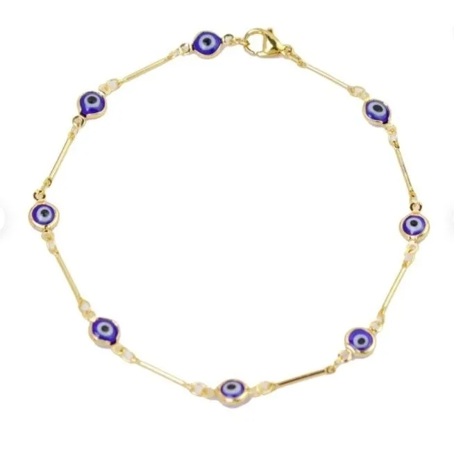 18K Gold Plated Bar Style Blue Evil Eye Crystal Anklet