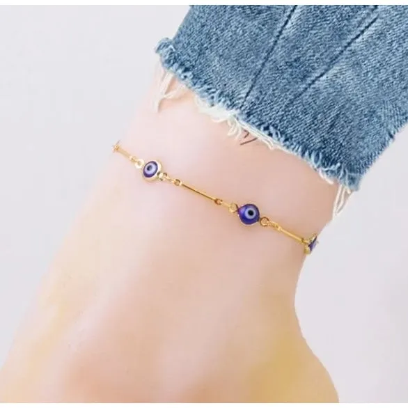 18K Gold Plated Bar Style Blue Evil Eye Crystal Anklet