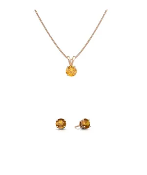 18K Rose Gold 2ct Citrine Round 18 Inch Necklace and Earrings Set Plated