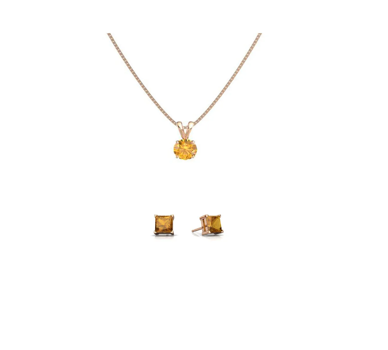 18K Rose Gold 3ct Citrine Round 18 Inch Necklace and Square Earrings Set Plated