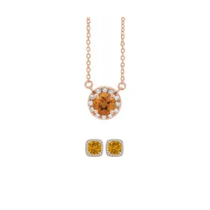 18K Rose Gold 3ct Halo Citrine Round 18 Inch Necklace and Halo Square Earrings Set Plated