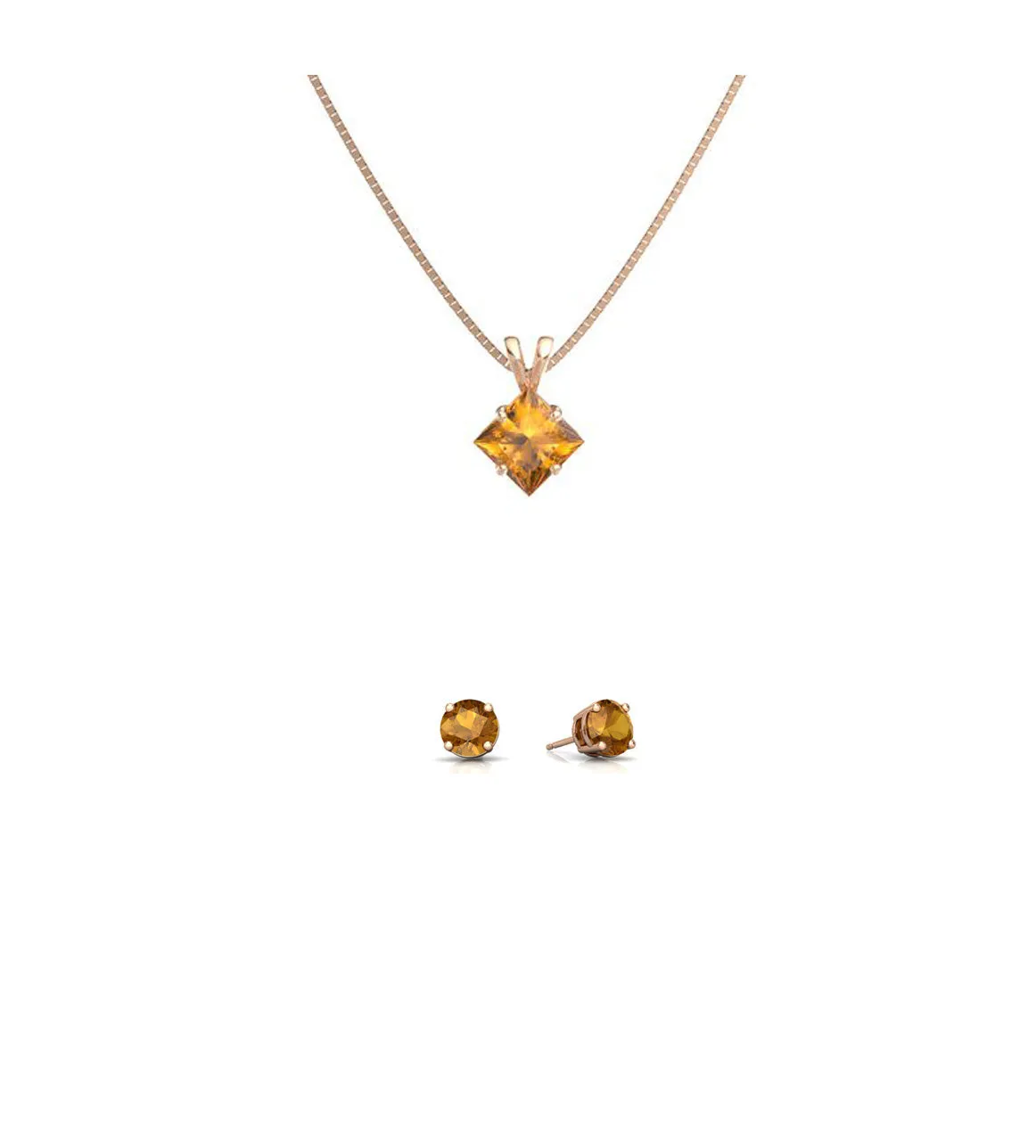 18K Rose Gold 4ct Citrine Square 18 Inch Necklace and Round Earrings Set Plated