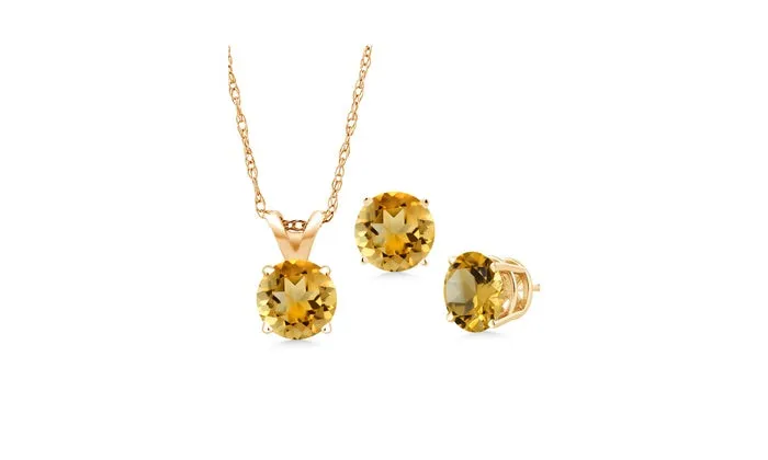 18K Yellow Gold 3ct Citrine Round 18 Inch Necklace and Earrings Set Plated