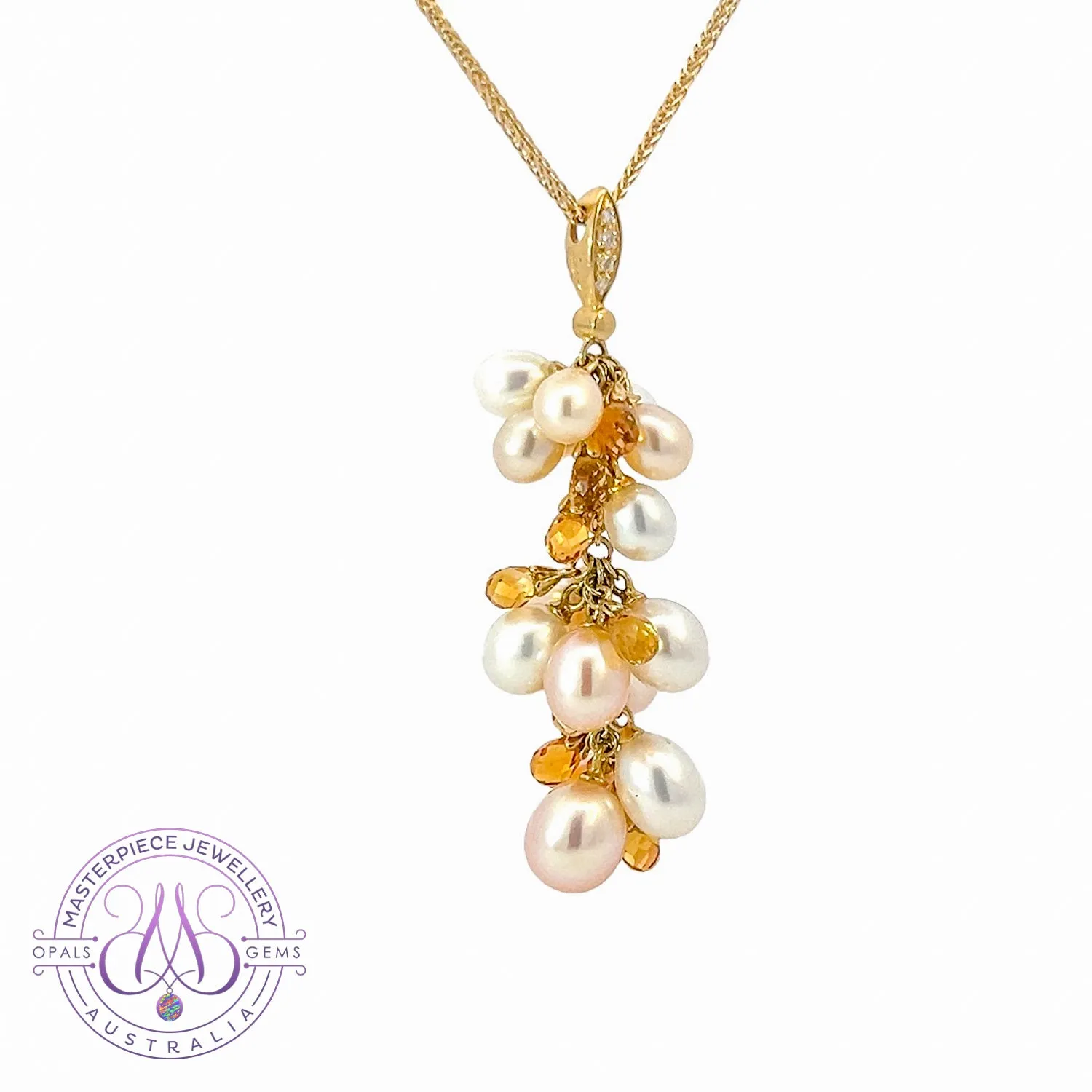 18kt Yellow Gold 15 Pearl , Citrine and diamond necklace