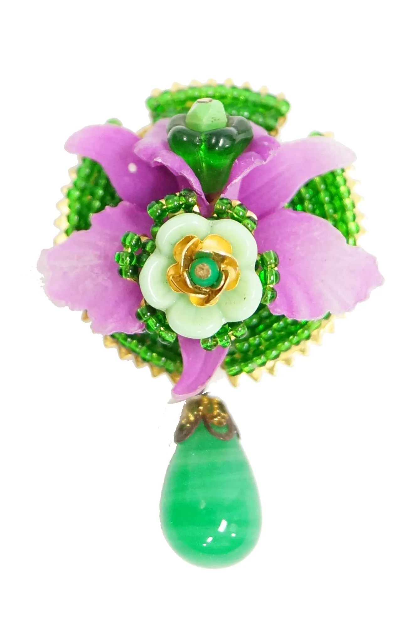 1960s Stanley Hagler Pink and Green Poured Glass Floral Dangle Brooch