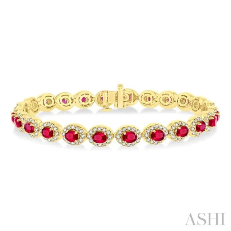 2 1/6 ctw Oval Cut 4X3 MM Ruby and Round Cut Diamond Halo Precious Bracelet in 14K Yellow Gold