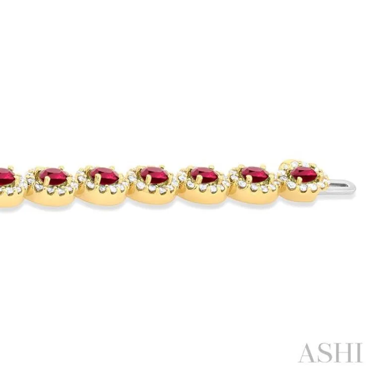 2 1/6 ctw Oval Cut 4X3 MM Ruby and Round Cut Diamond Halo Precious Tennis Bracelet in 14K Yellow Gold