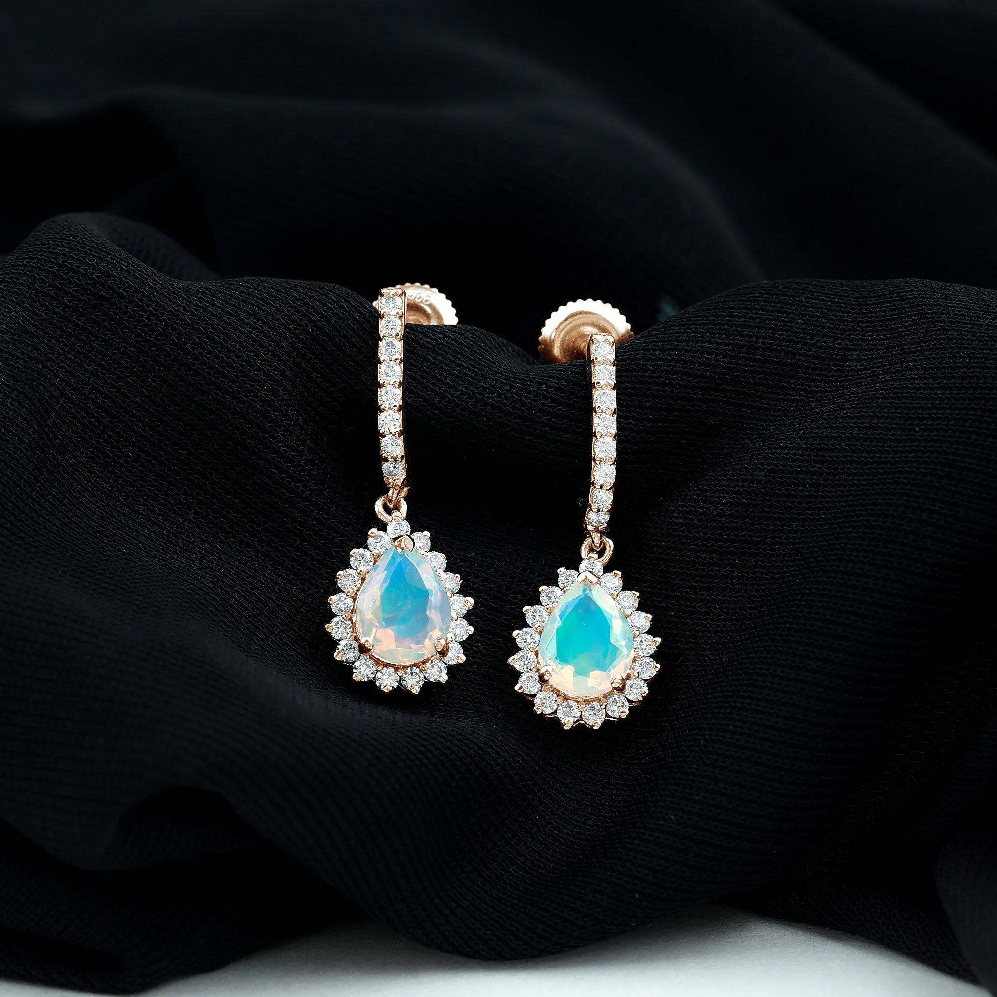 2.75 CT Ethiopian Opal Bridal Teardrop Bridal Hoop Earrings with Moissanite Accent