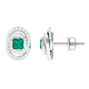 3/4 CT Princess Cut Emerald and Diamond Cocktail Stud Earrings