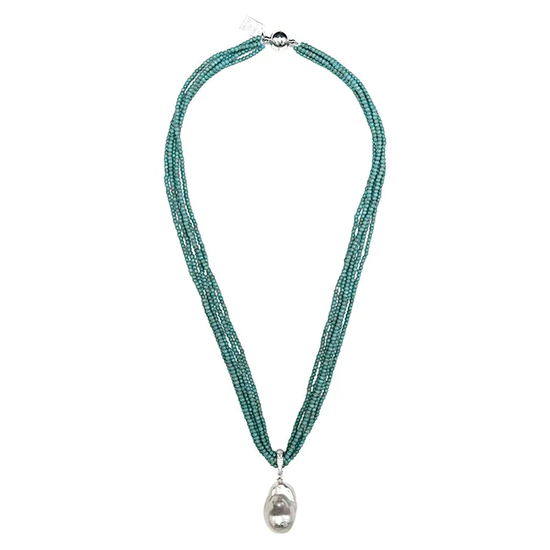 425-01-S | 5-STRAND TURQUOISE & WILD PEARL DROP 18" ON SILVER