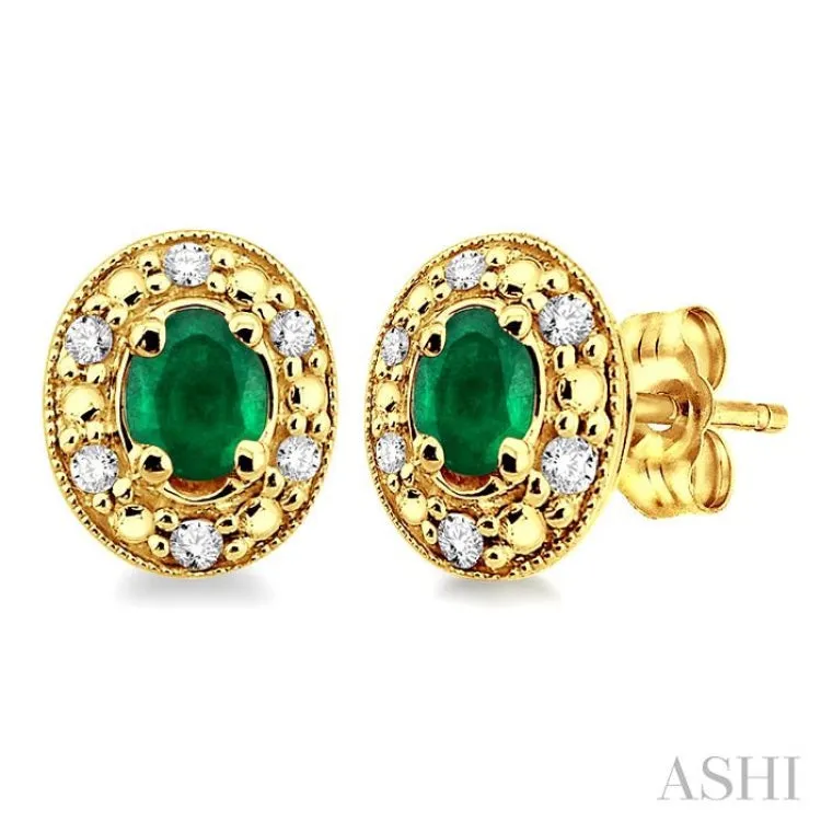 4x3 MM Oval Shaped Emerald and 1/10 Ctw Single Cut Diamond Earrings in 14K Yellow Gold