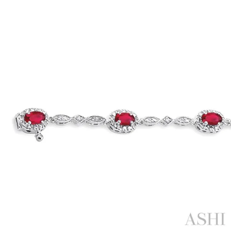 5x3MM Oval Cut Ruby and 1/20 Ctw Single Cut Diamond Bracelet in 14K White Gold